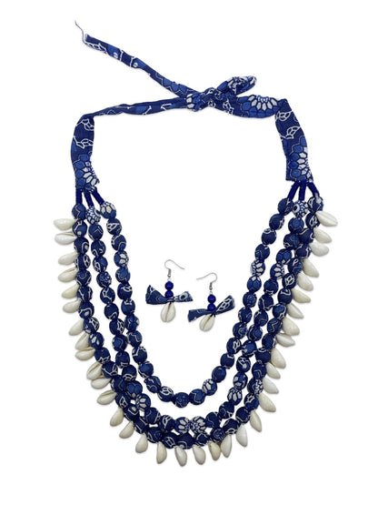 Blue Fabric Sea Shell Necklace Set