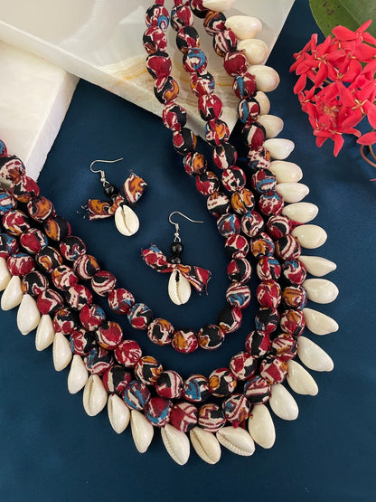 Red 3 Line Fabric Sea Shell Necklace Set