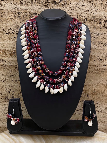 Red 3 Line Fabric Sea Shell Necklace Set