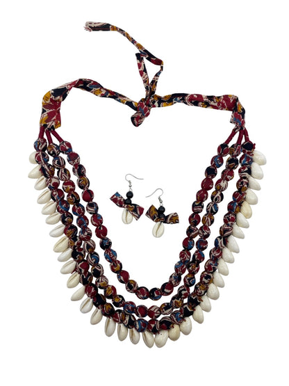 Red 3 Line Fabric Sea Shell Necklace Set