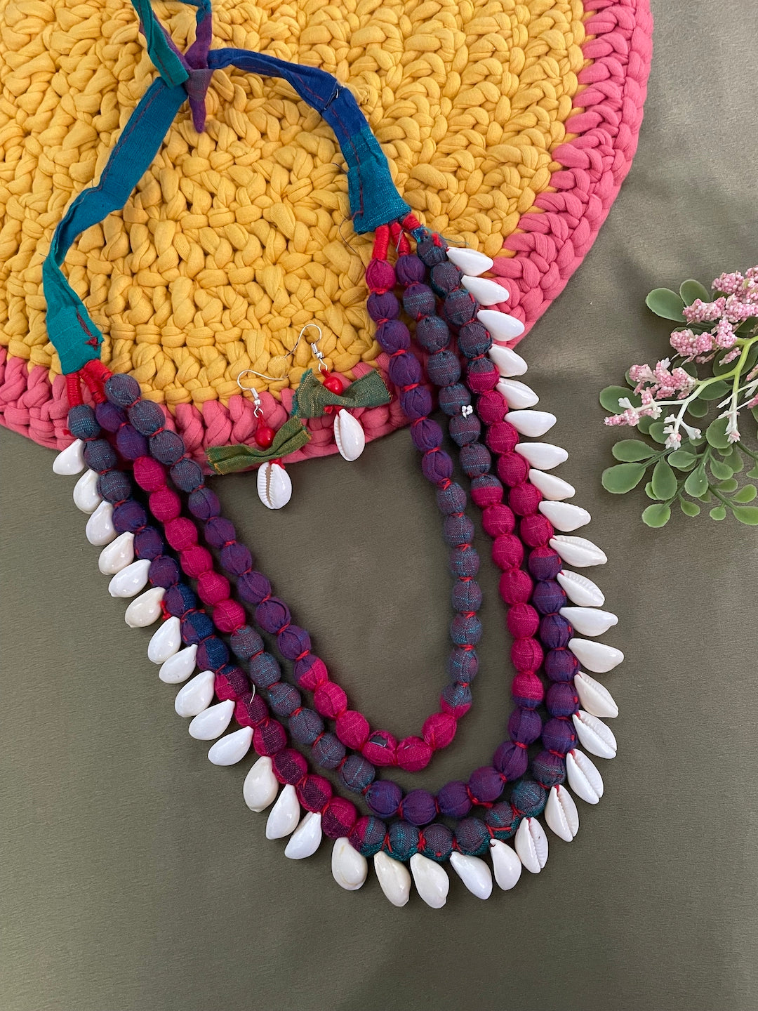 Colourful Fabric Sea Shell Necklace Set