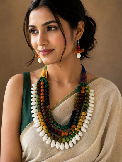 Navaratri Fabric Beaded Sea Shell Necklace Set