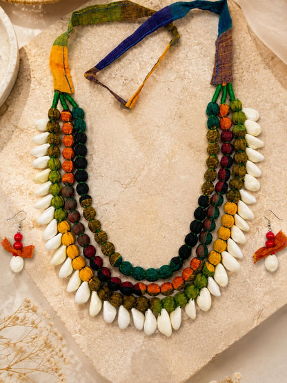 Navaratri Fabric Beaded Sea Shell Necklace Set