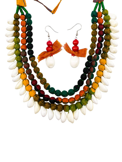 Navaratri Fabric Beaded Sea Shell Necklace Set