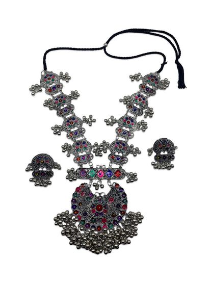 Banjara Oxidized Silver Long Necklace Earrings Set Enamel Ghungroo Jewellery