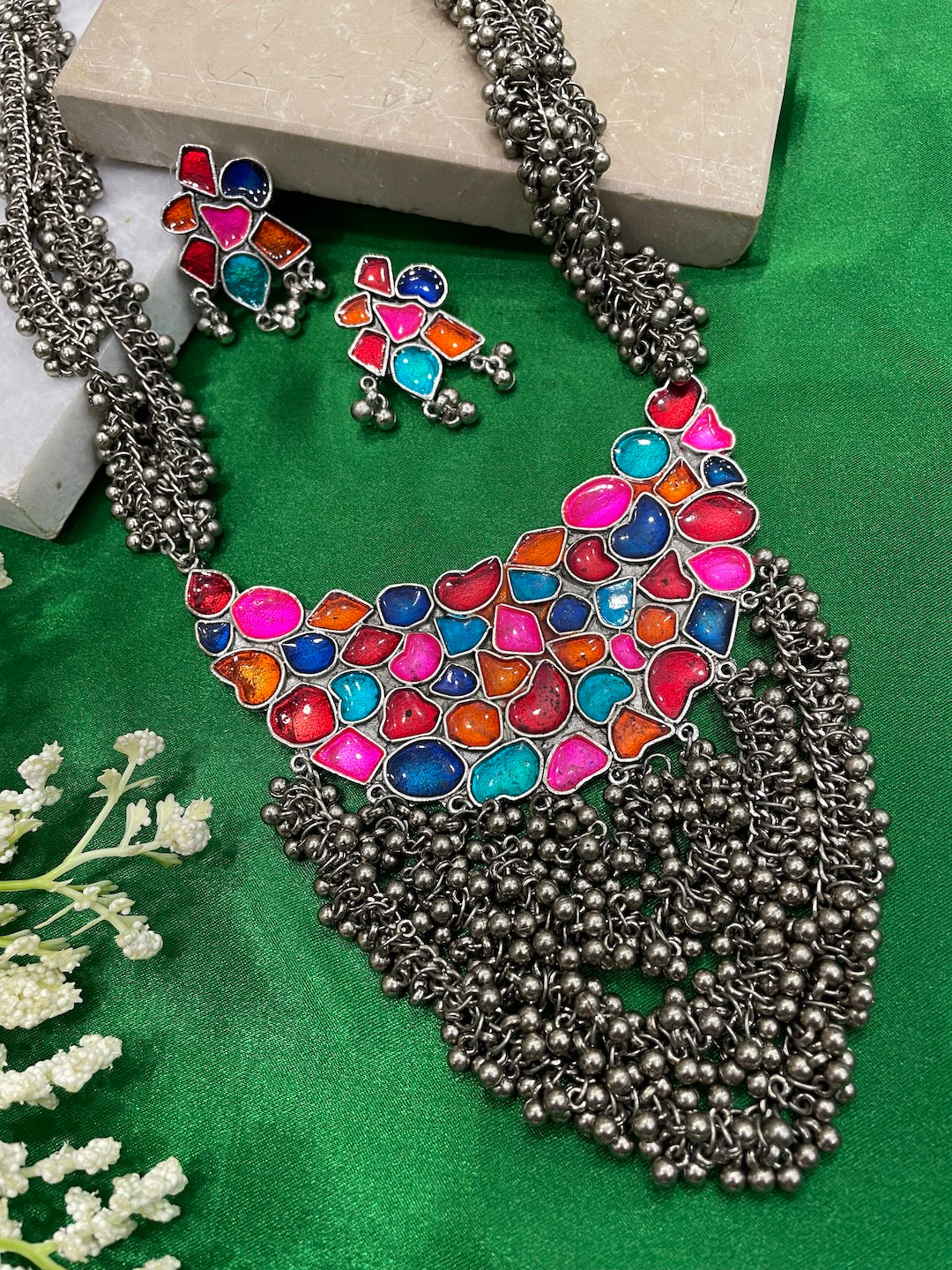 Silver Necklace Set Enamel/Layer Design