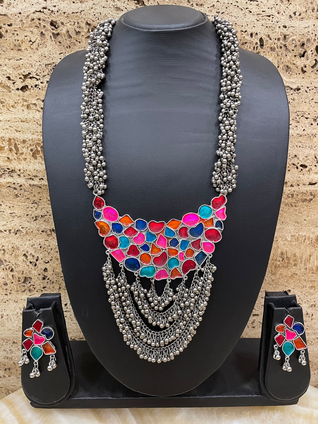 Silver Necklace Set Enamel/Layer Design