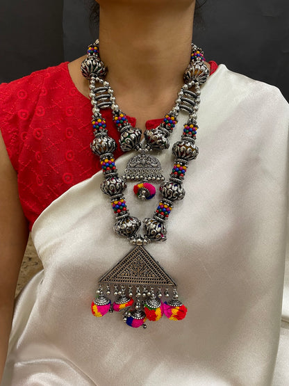 Banjara Necklace Earrings Set Pom Pom/Floral Beaded Layered Jewellery