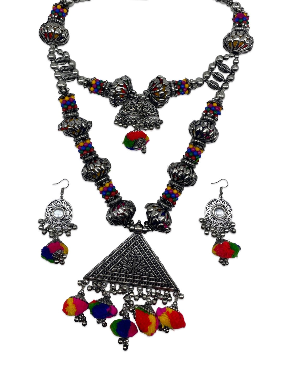 Banjara Necklace Earrings Set Pom Pom/Floral Beaded Layered Jewellery