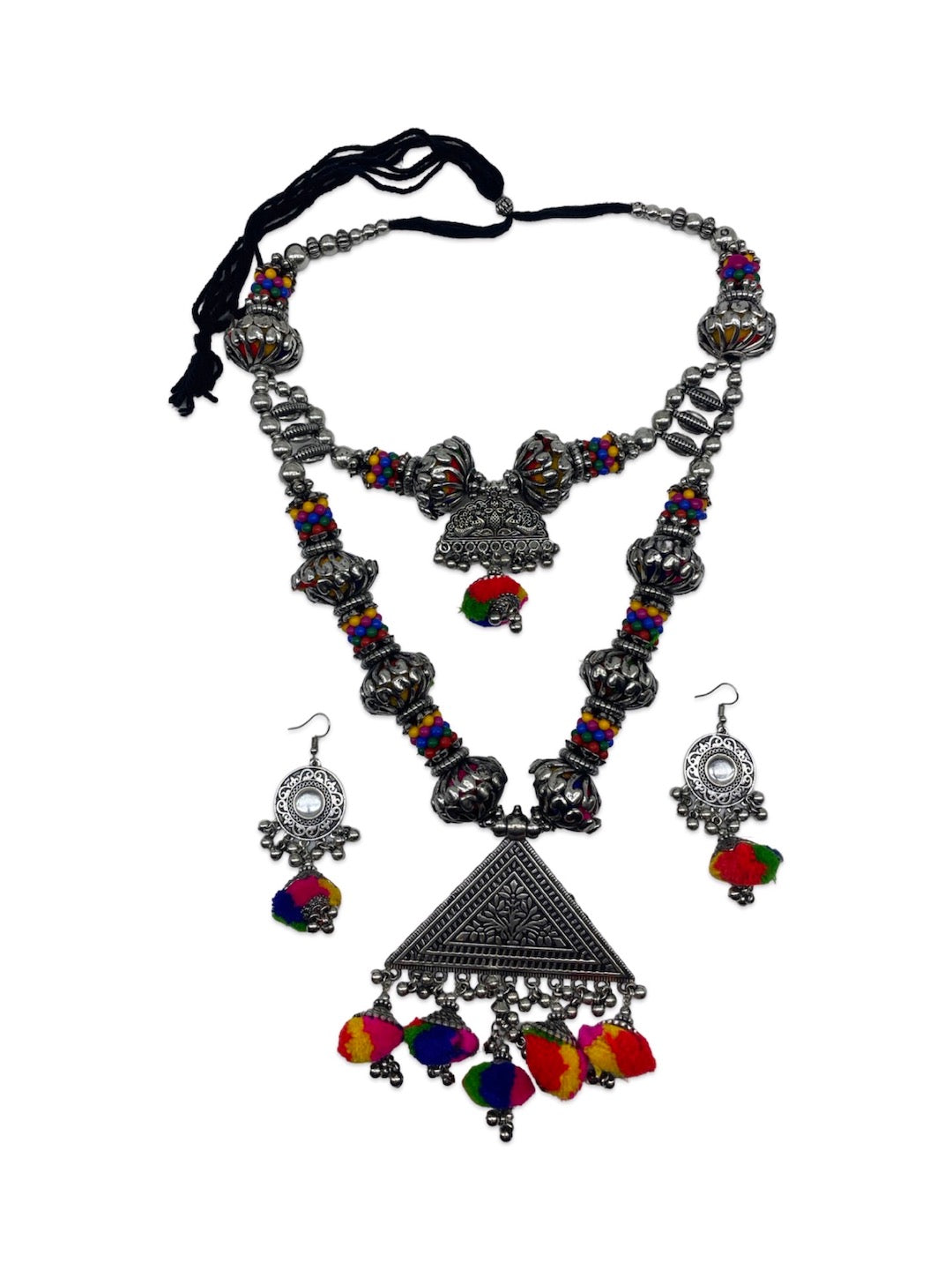 Banjara Necklace Earrings Set Pom Pom/Floral Beaded Layered Jewellery