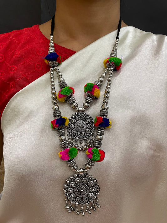 Banjara Oxidized Silver Necklace Earrings Set Pom Pom & Floral Layered Jewellery