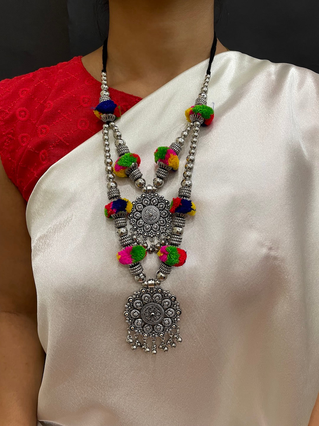 Banjara Oxidized Silver Necklace Earrings Set Pom Pom & Floral Layered Jewellery