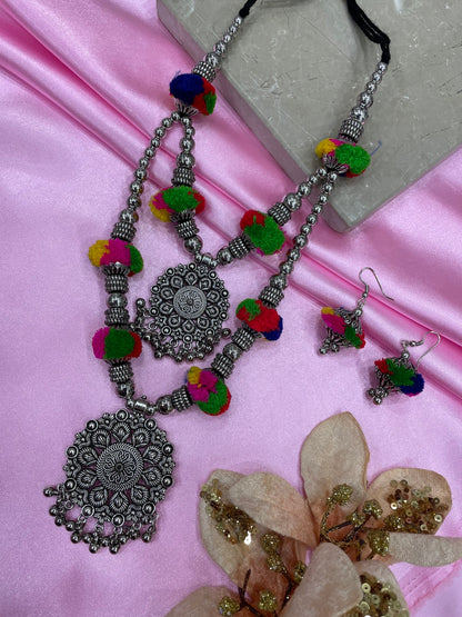 Banjara Oxidized Silver Necklace Earrings Set Pom Pom & Floral Layered Jewellery