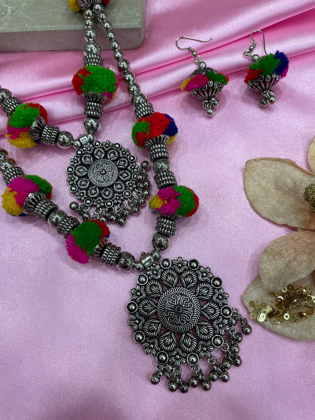 Banjara Oxidized Silver Necklace Earrings Set Pom Pom & Floral Layered Jewellery