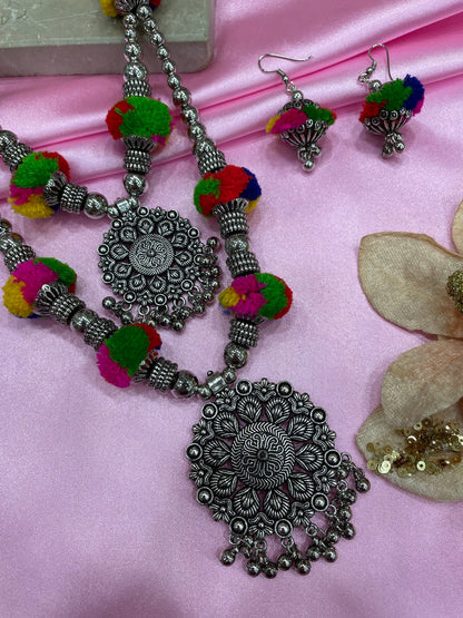 Banjara Oxidized Silver Necklace Earrings Set Pom Pom & Floral Layered Jewellery