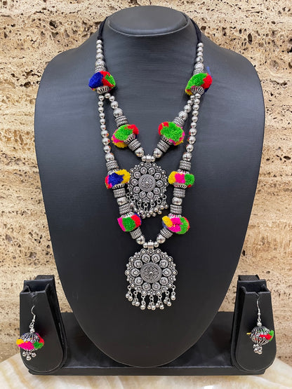 Banjara Oxidized Silver Necklace Earrings Set Pom Pom & Floral Layered Jewellery