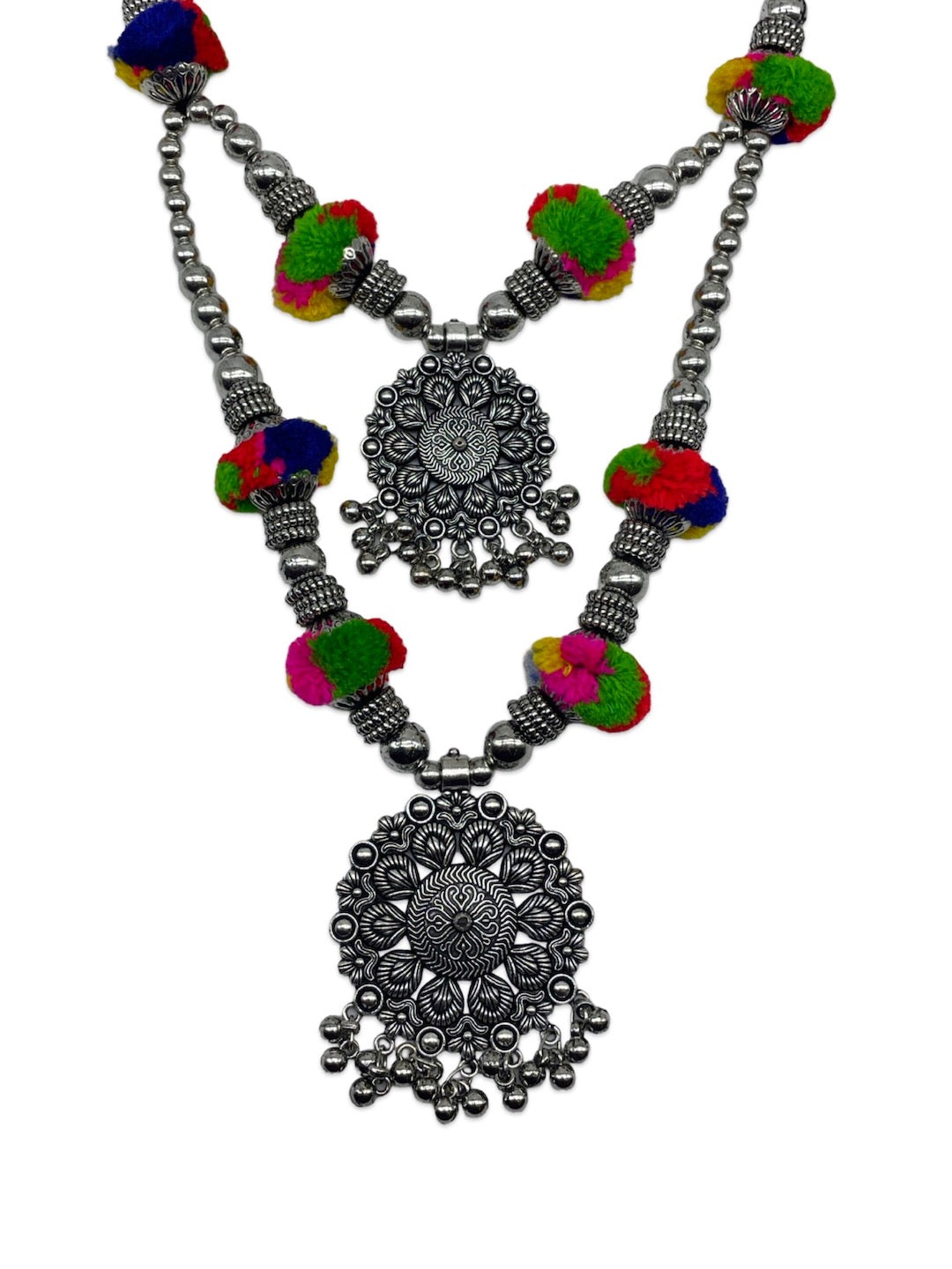 Banjara Oxidized Silver Necklace Earrings Set Pom Pom & Floral Layered Jewellery