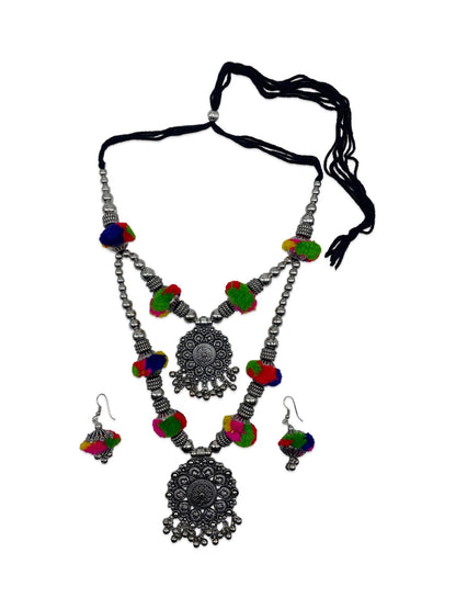 Banjara Oxidized Silver Necklace Earrings Set Pom Pom & Floral Layered Jewellery