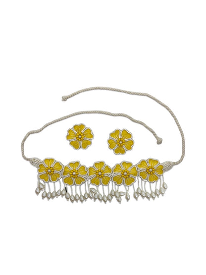 Yellow Flower Pearl Choker Necklace Set