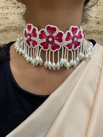 Pink Flower & Pearl Choker Necklace Set