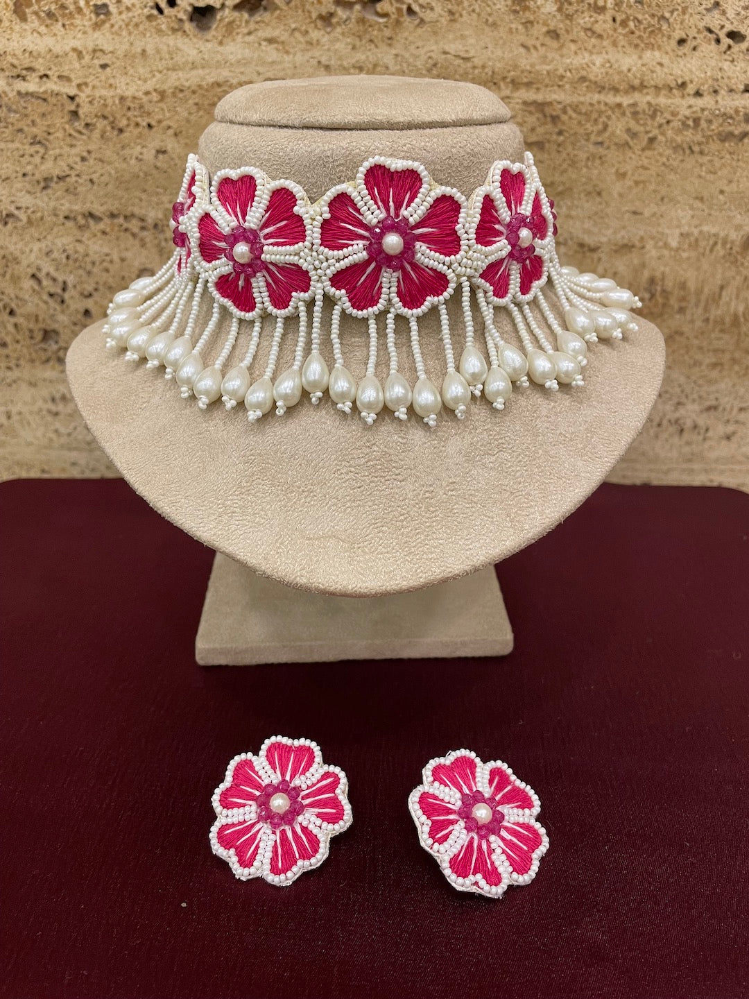 Pink Flower & Pearl Choker Necklace Set