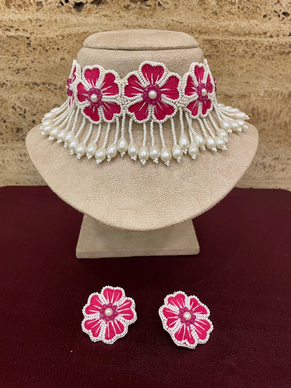 Pink Flower & Pearl Choker Necklace Set