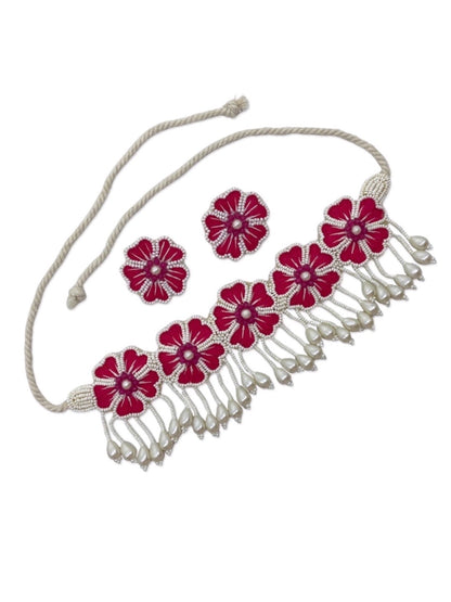 Pink Flower & Pearl Choker Necklace Set