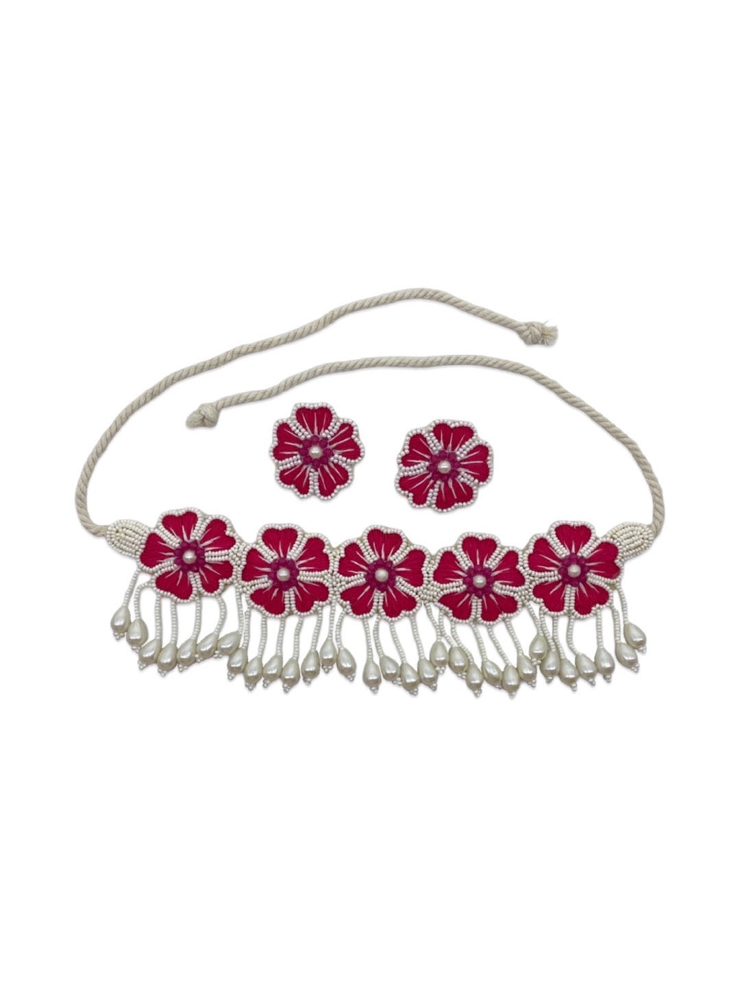 Pink Flower & Pearl Choker Necklace Set