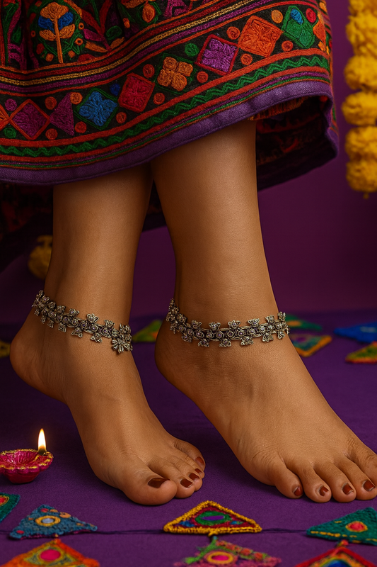 Anklets German Oxidised Silver Jewellery Payal Paijan Pazeb पैजण Silver Plating Antique Lotus Design Latest Style Ethnic Traditional Foot Jewellery for Women and Girls
