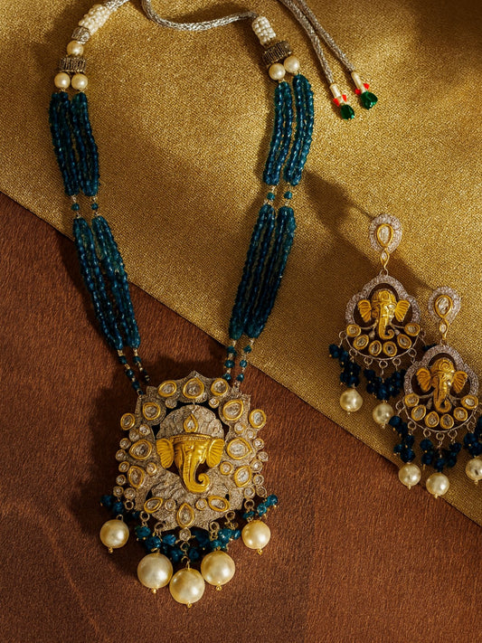 Lord Ganesha Teal Blue Color Necklace Set