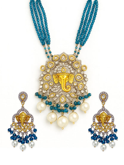 Lord Ganesha Teal Blue Color Necklace Set