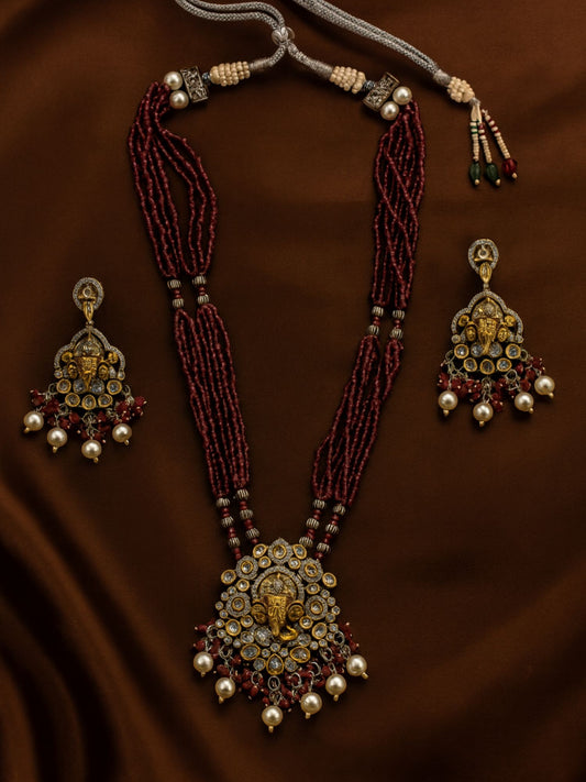 Lord Ganesha Maroon Color Necklace Set