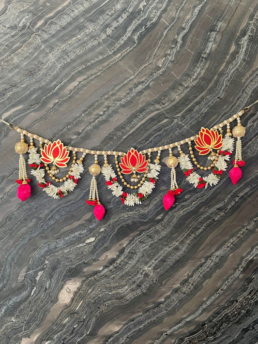 Gold & Pink Lotus Toran For Door Hangings Diwali Decoration with white & Pink Flowers