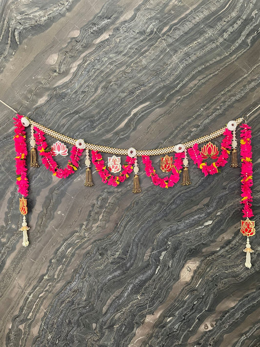 Ganesha & Pink Lotus Toran For Door Hangings Diwali Decoration with Pearls & Pink Flowers