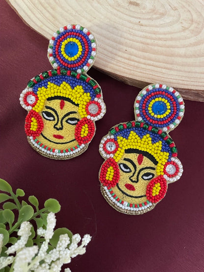 Colourful Beaded Bengali Maa Durga Puja Design Stud Earring Jewellery For Women