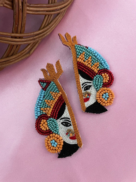 Colourful Beaded Durga Maa Puja Half Face Design Stud Earring Jewelry For Women