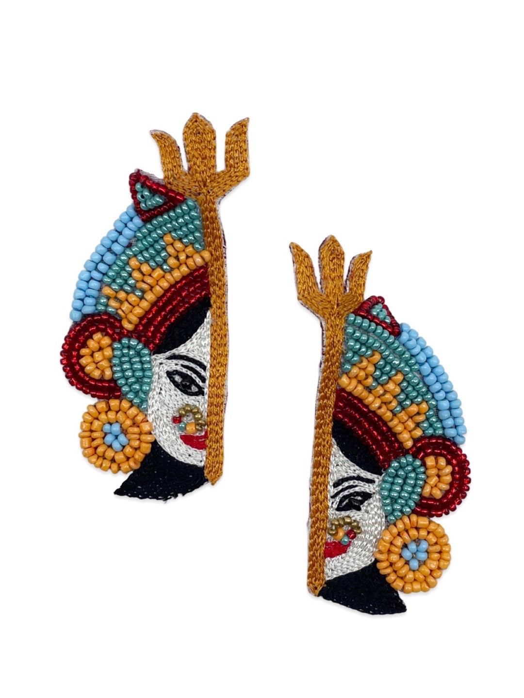 Colourful Beaded Durga Maa Puja Half Face Design Stud Earring Jewelry For Women