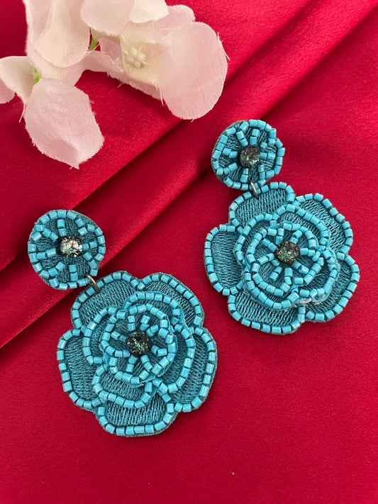 Beaded Earrings Blue Flower Design