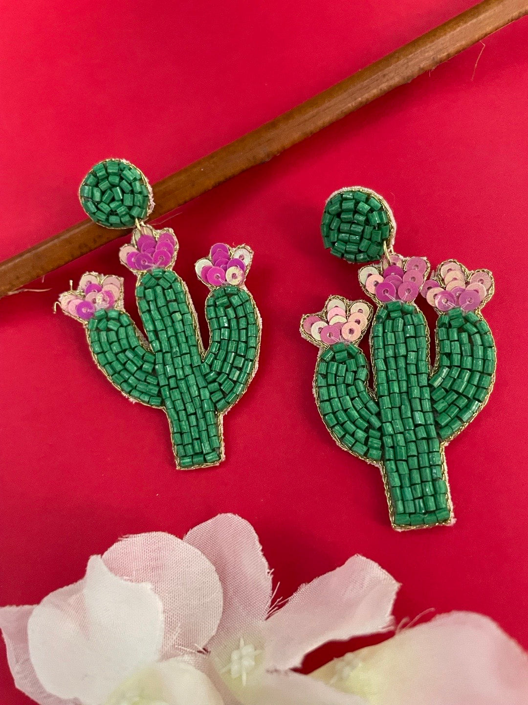 Beaded Earrings Cactus Flower Design