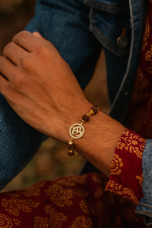 Gold AD Round OM Pendant Mens Rudraksha Bracelet