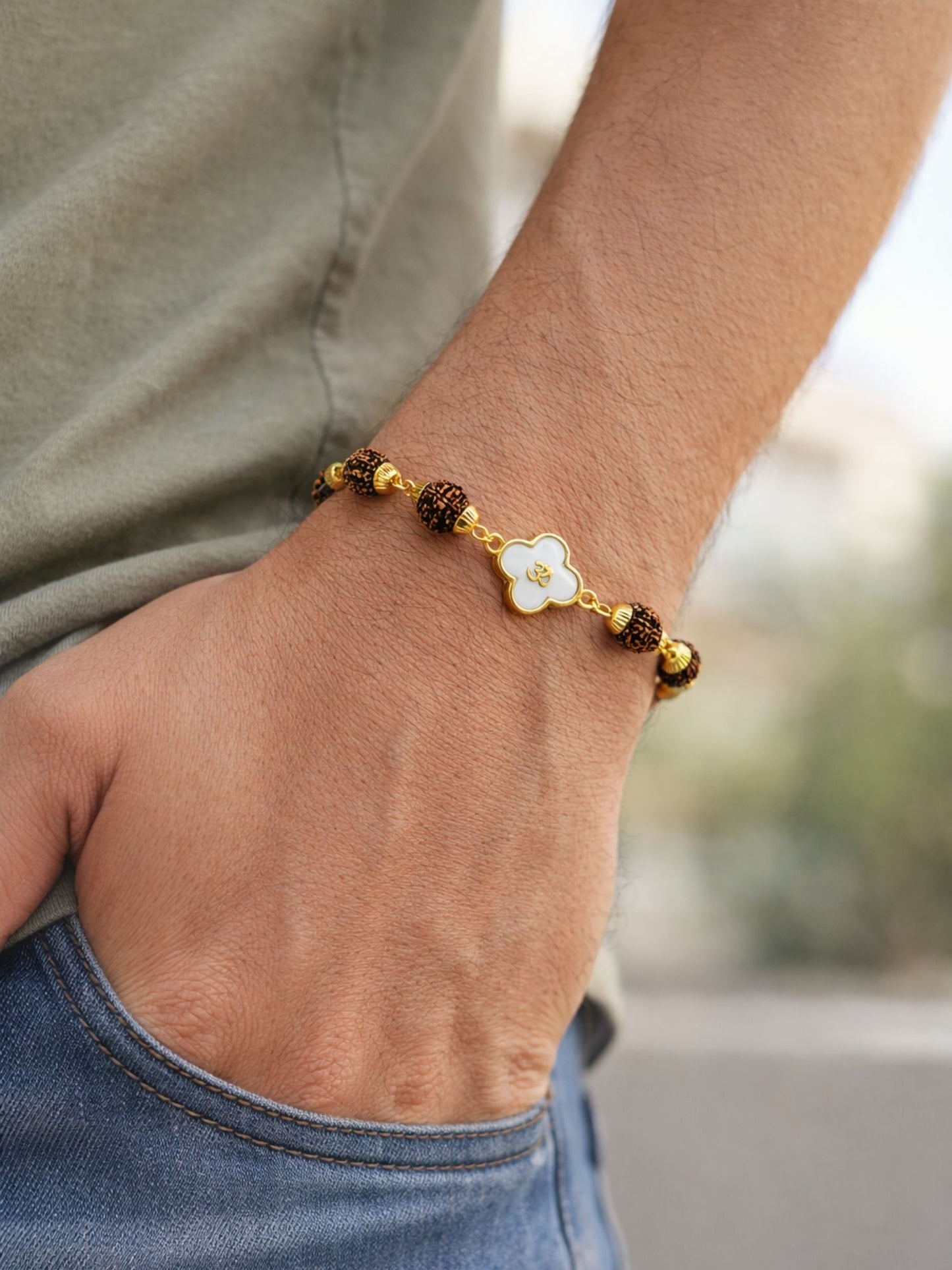 Rudraksha Rakhi Bracelet for Men with Gold Om Charm