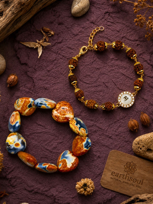(Set of 2) Om Rudraksha Stone Heart Lumba Rakhi for Bhaiya Bhabhi
