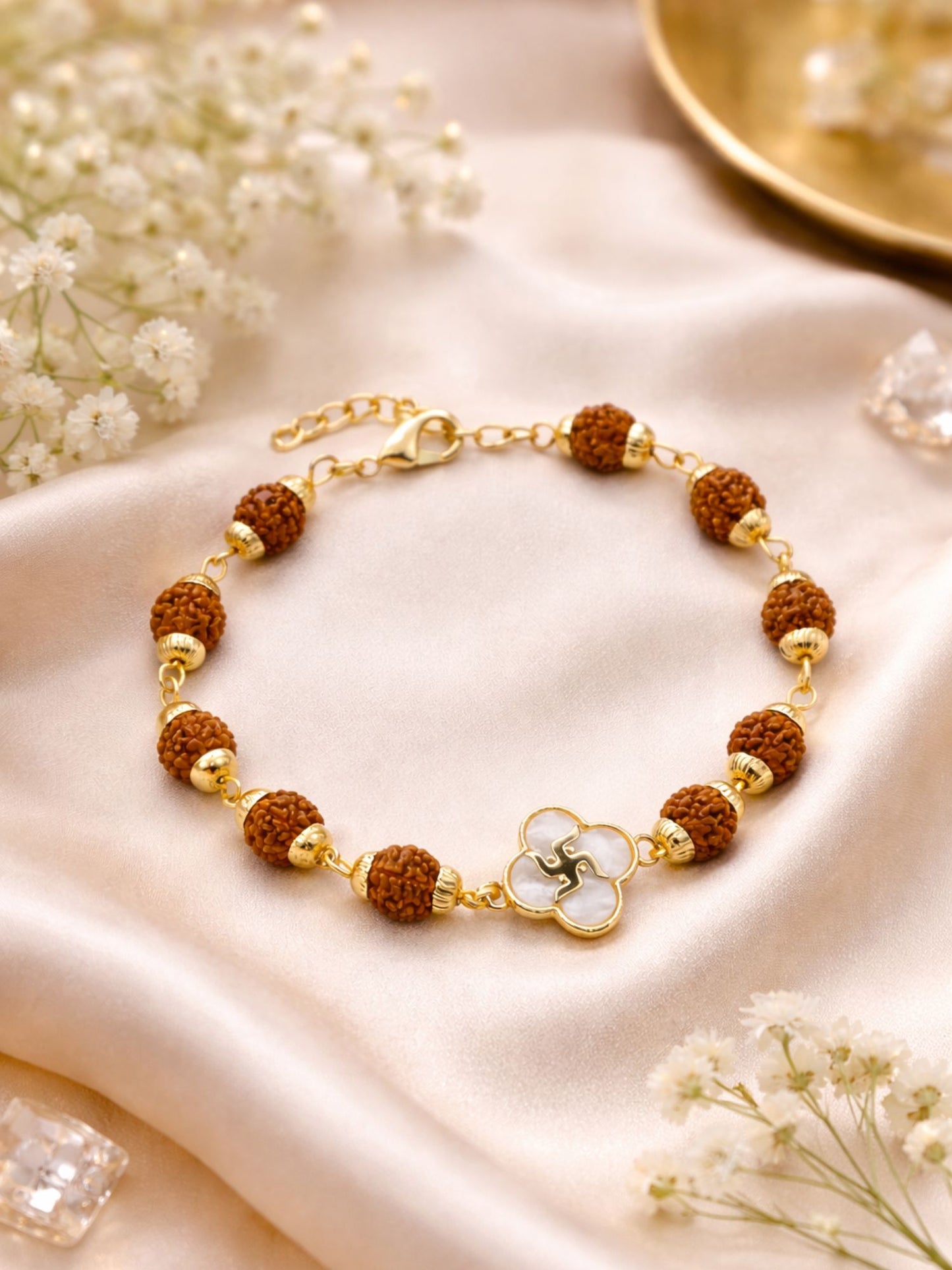 Rudraksha Rakhi Bracelet for Men with Gold Swastik Charm