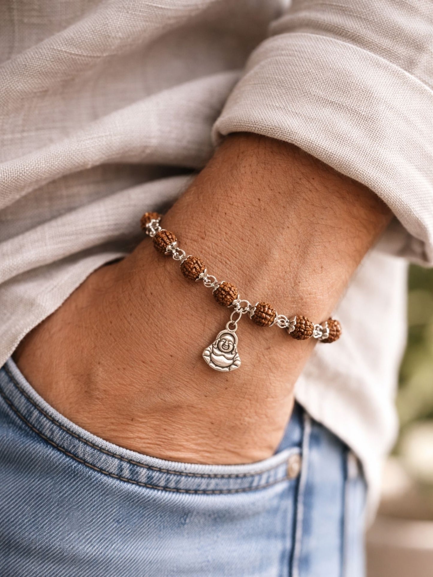 Men’s Rudraksha Rakhi Bracelet with Silver Buddha Charm