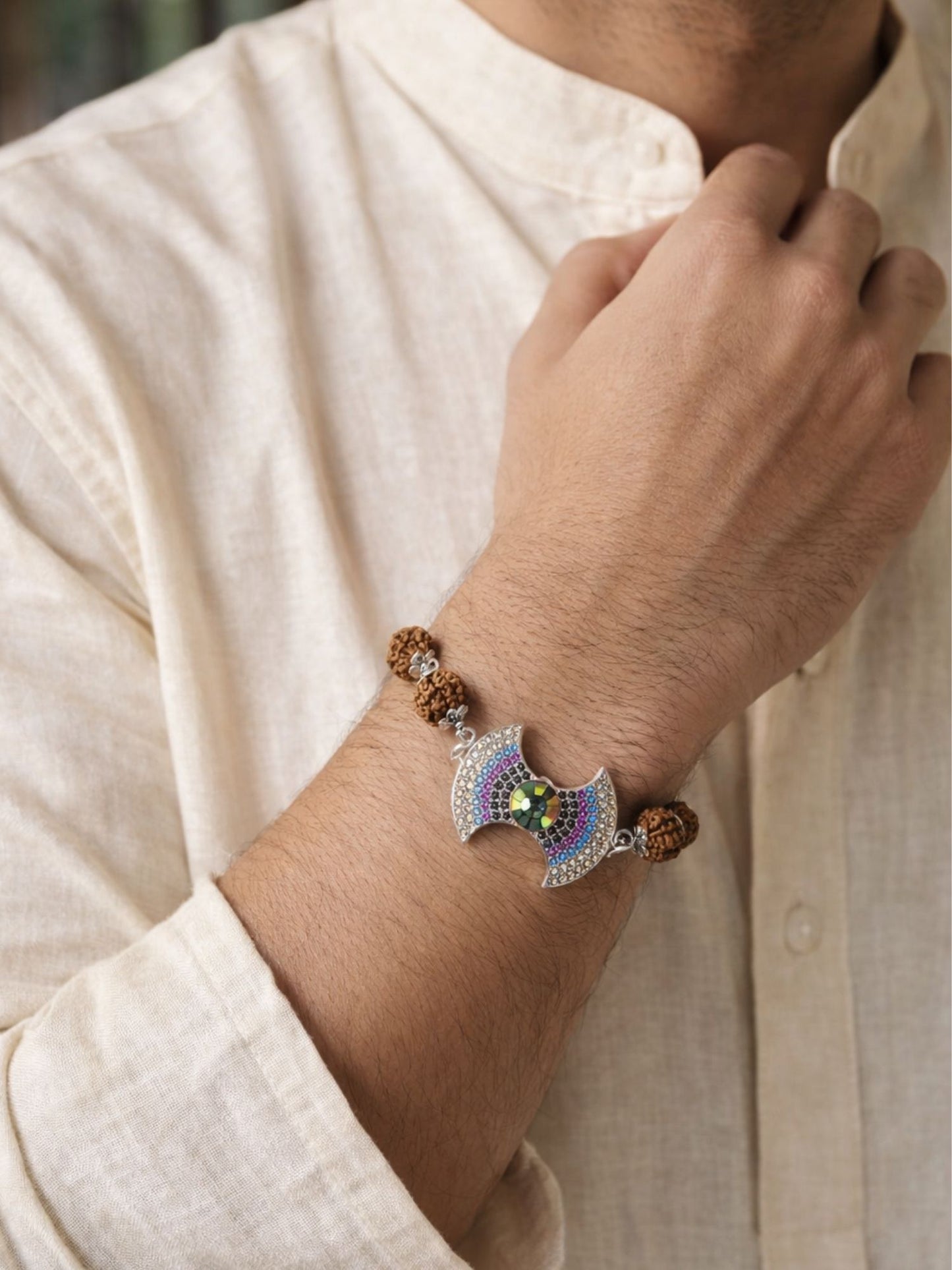 Men’s Rudraksha Rakhi Bracelet with Diamond Bow Charm