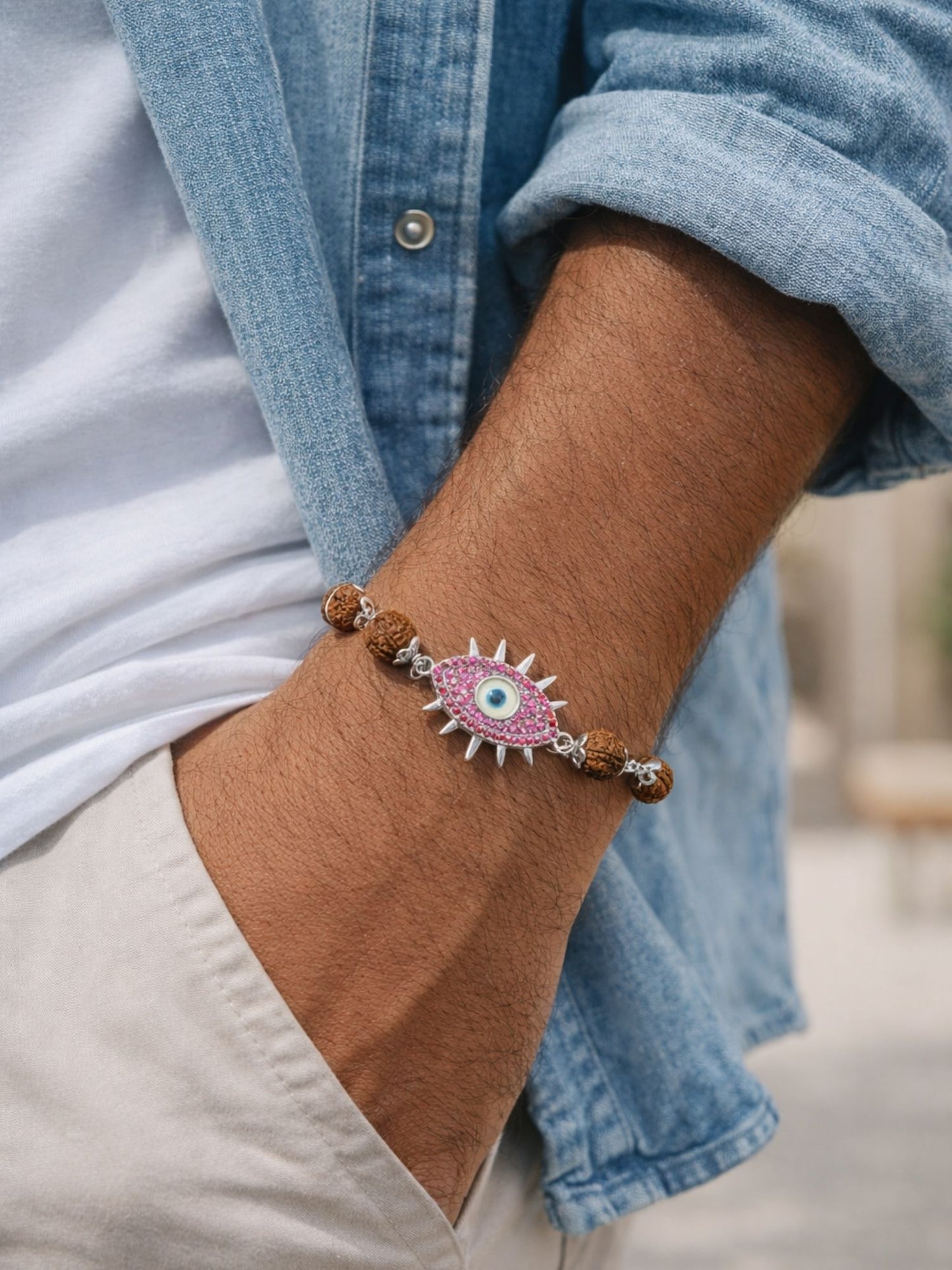 Rudraksha Evil Eye Rakhi Bracelet for Men – Silver Plated