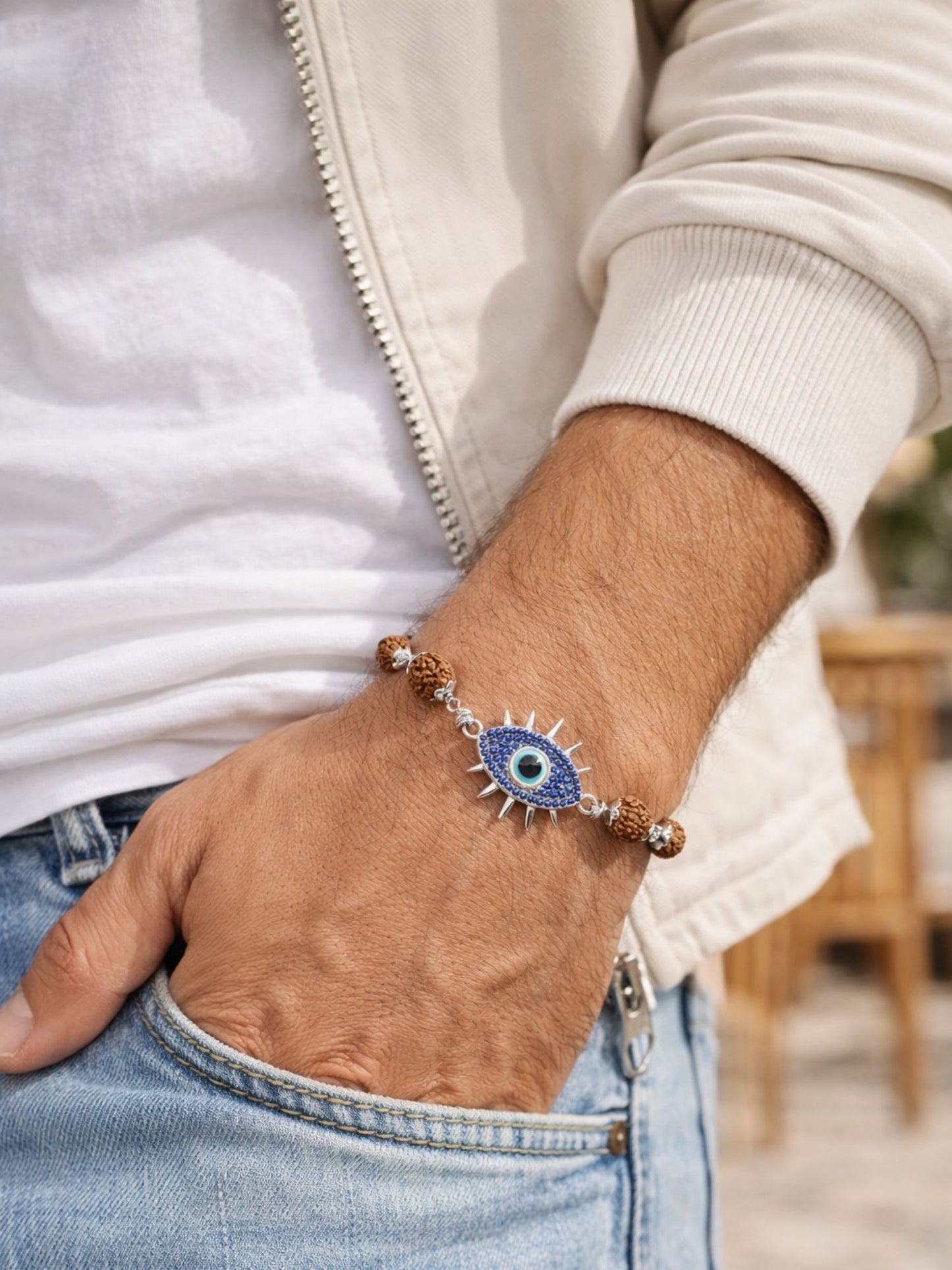 Rudraksha Rakhi Bracelet for Men with Evil Eye Charm