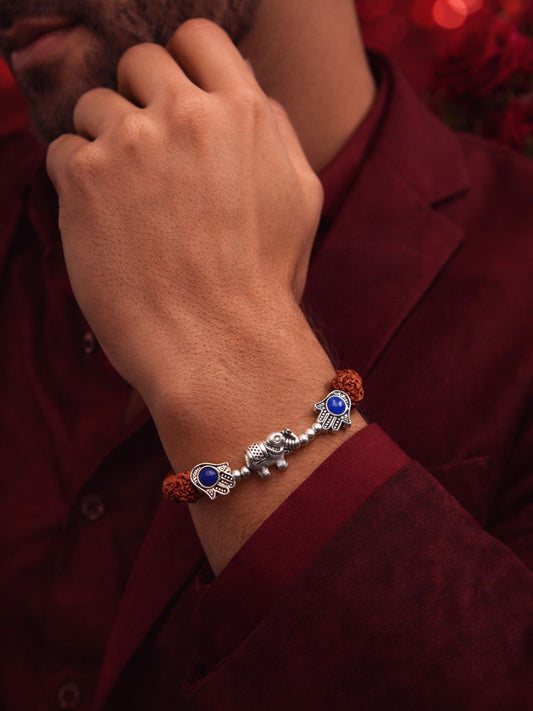 Rudraksha Rakhi Bracelet for Men with Silver Elephant Charm