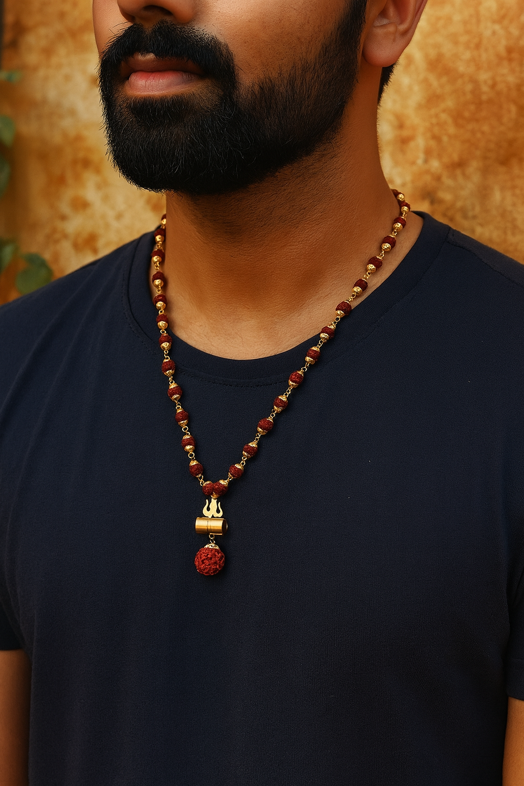 Gold Plated Rudraksha Mala Trishul damaru Design