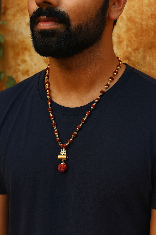 Gold Plated Rudraksha Mala Trishul damaru Design